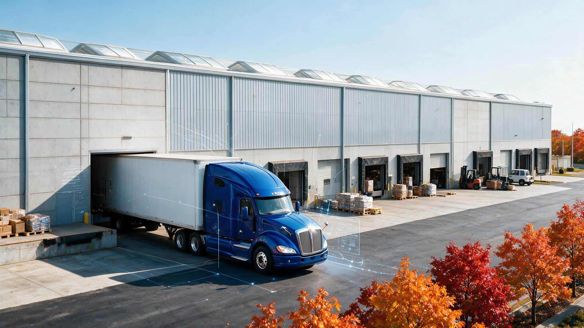 Royal blue semi-truck arriving at a distribution warehouse with digital logistics technology overlay
